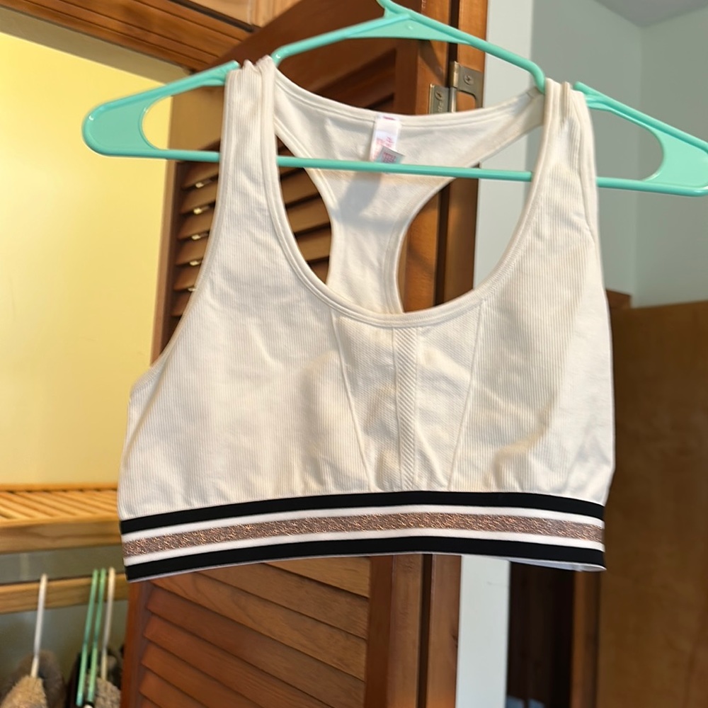 White with black and gold sparkle band sports bra, never worn